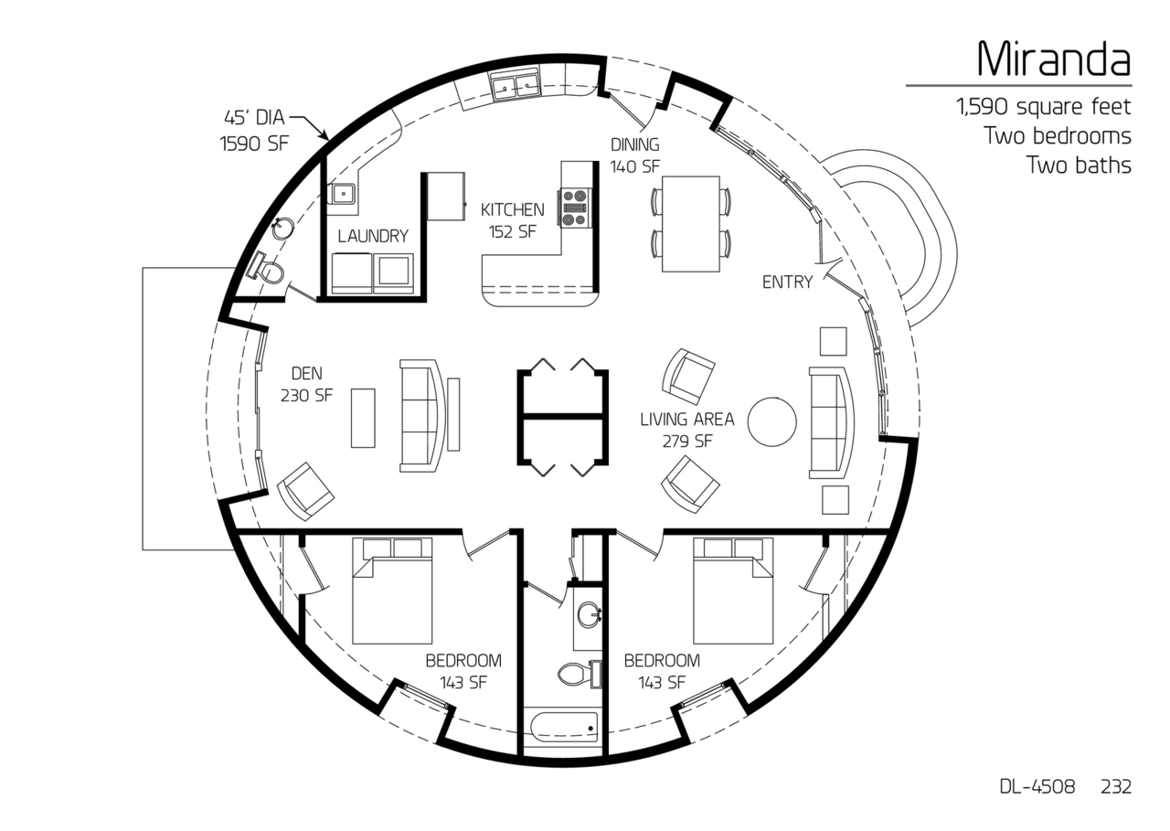 Miranda: A 45' Diameter, 1,590 SF,  Two-Bedroom, One and a Half-Bath Floor Plan.