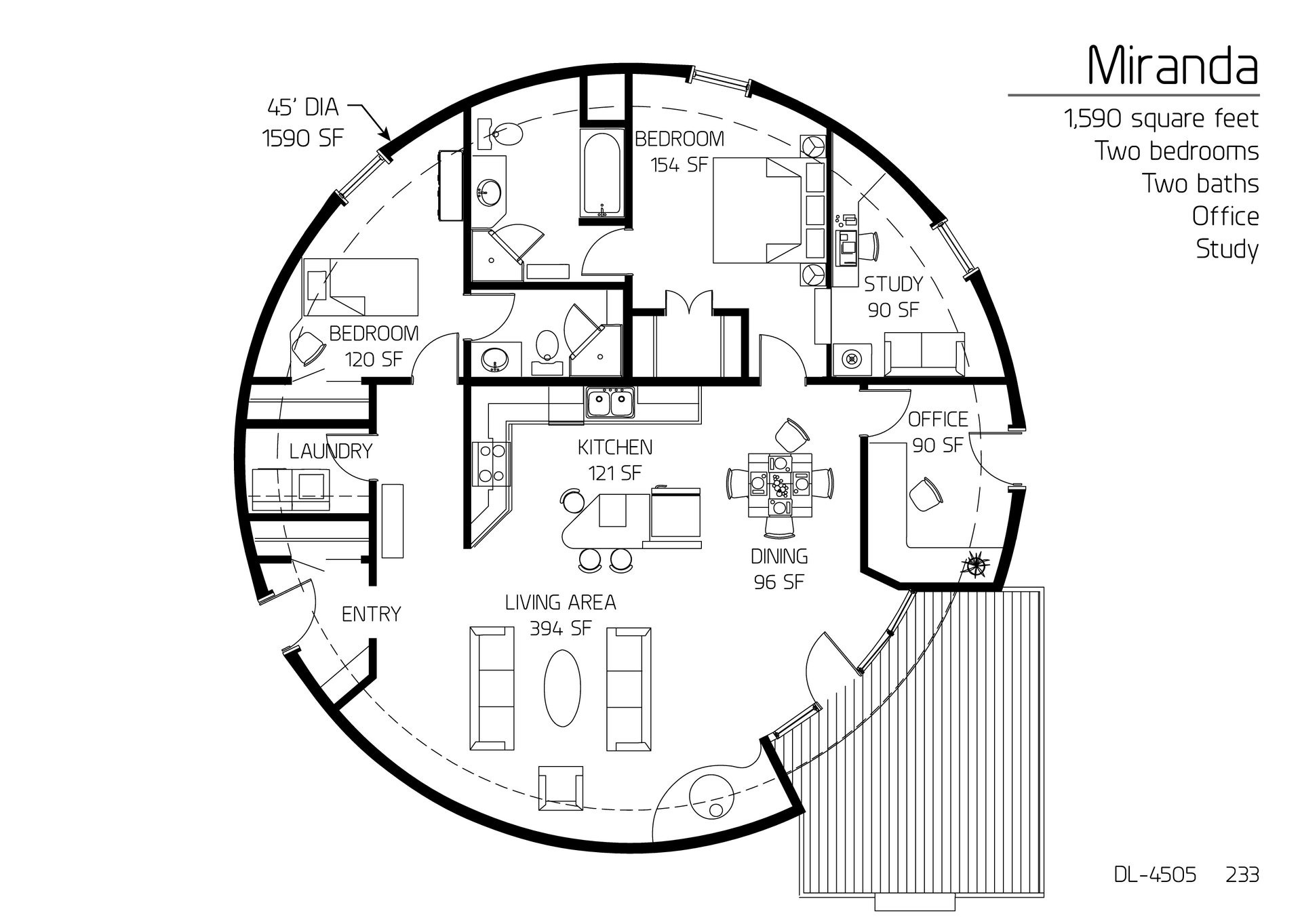 Miranda: 45' Diameter, 1,590 SF,  Two-Bedroom, Two-Bath Floor Plan.