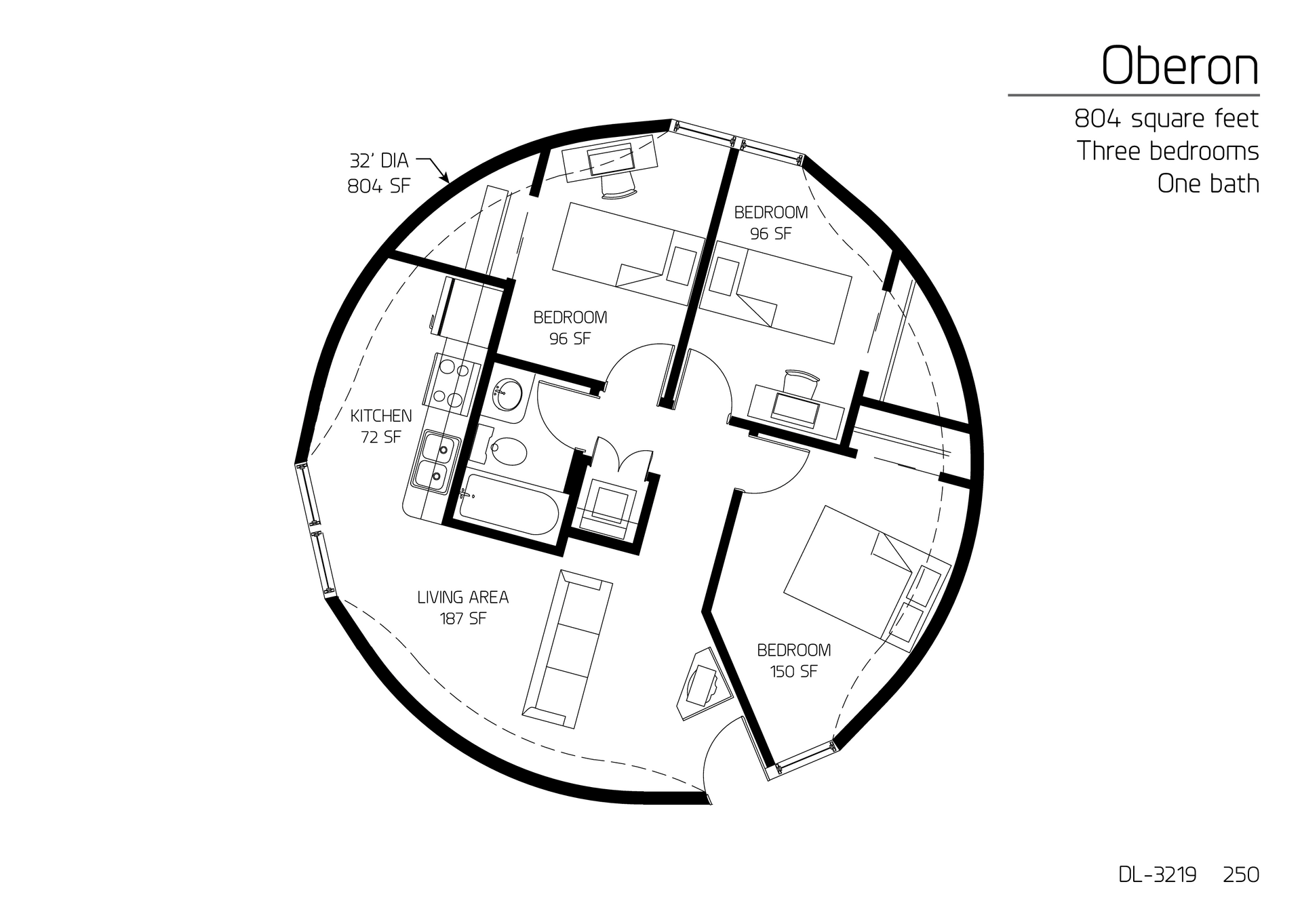 Oberon: 32' Diameter, 804 SF, Three-Bedroom, Two-Bath Floor Plan.