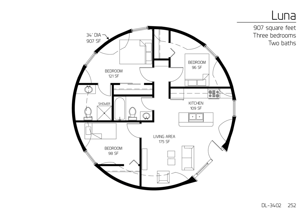 Luna: 34' Diameter, 907 SF, Three-Bedroom, Two-Bath Floor Plan.