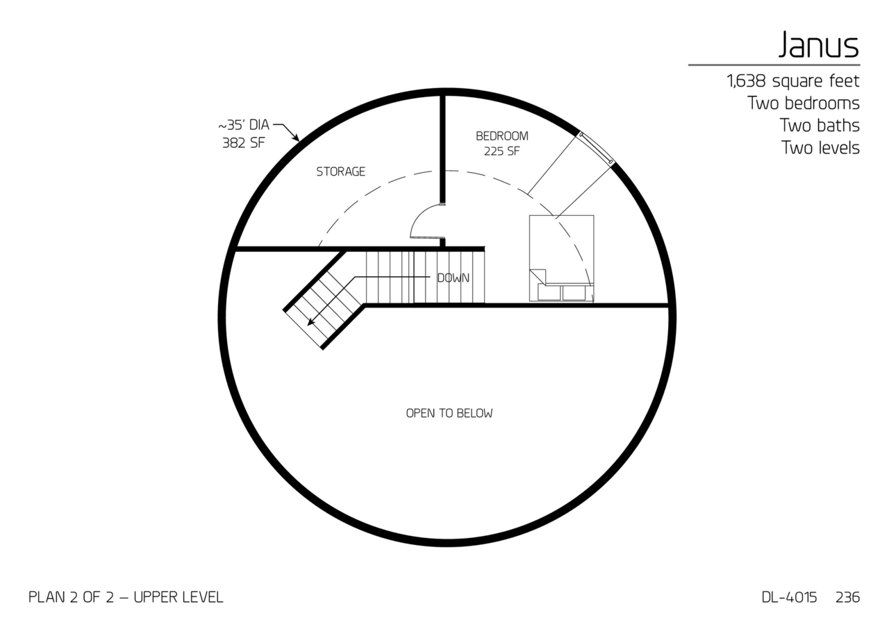 Janus: Upper Floor of a 35' Diameter, 1,638 SF,  Two-Bedroom, One and a Half-Bath Floor Plan.