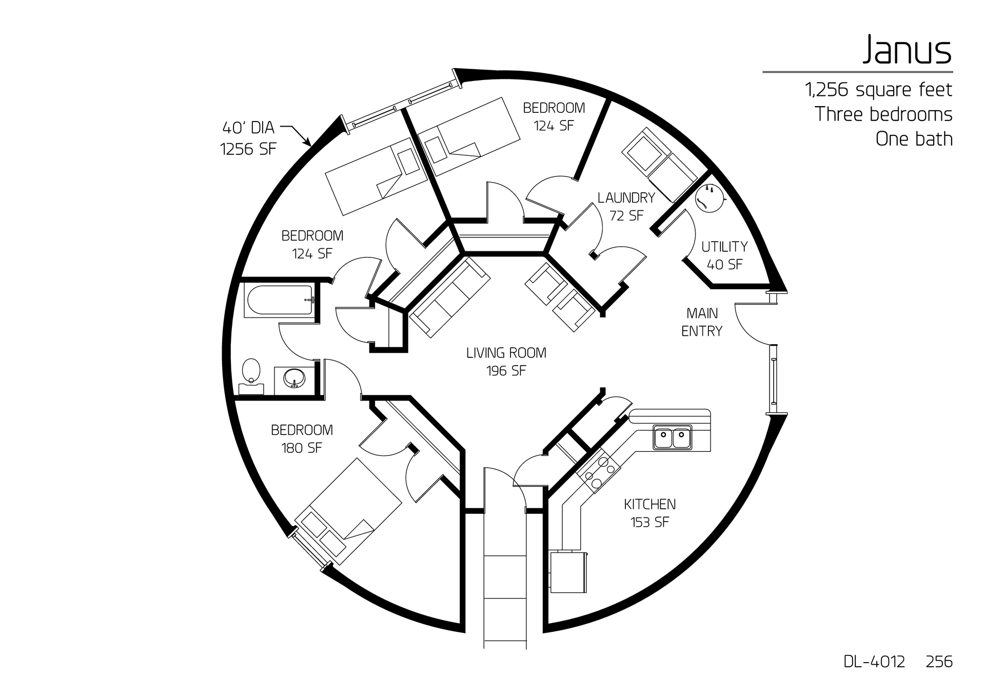 Janus: 40' Diameter, 1,256 SF, Three-Bedroom, One-Bath Floor Plan.