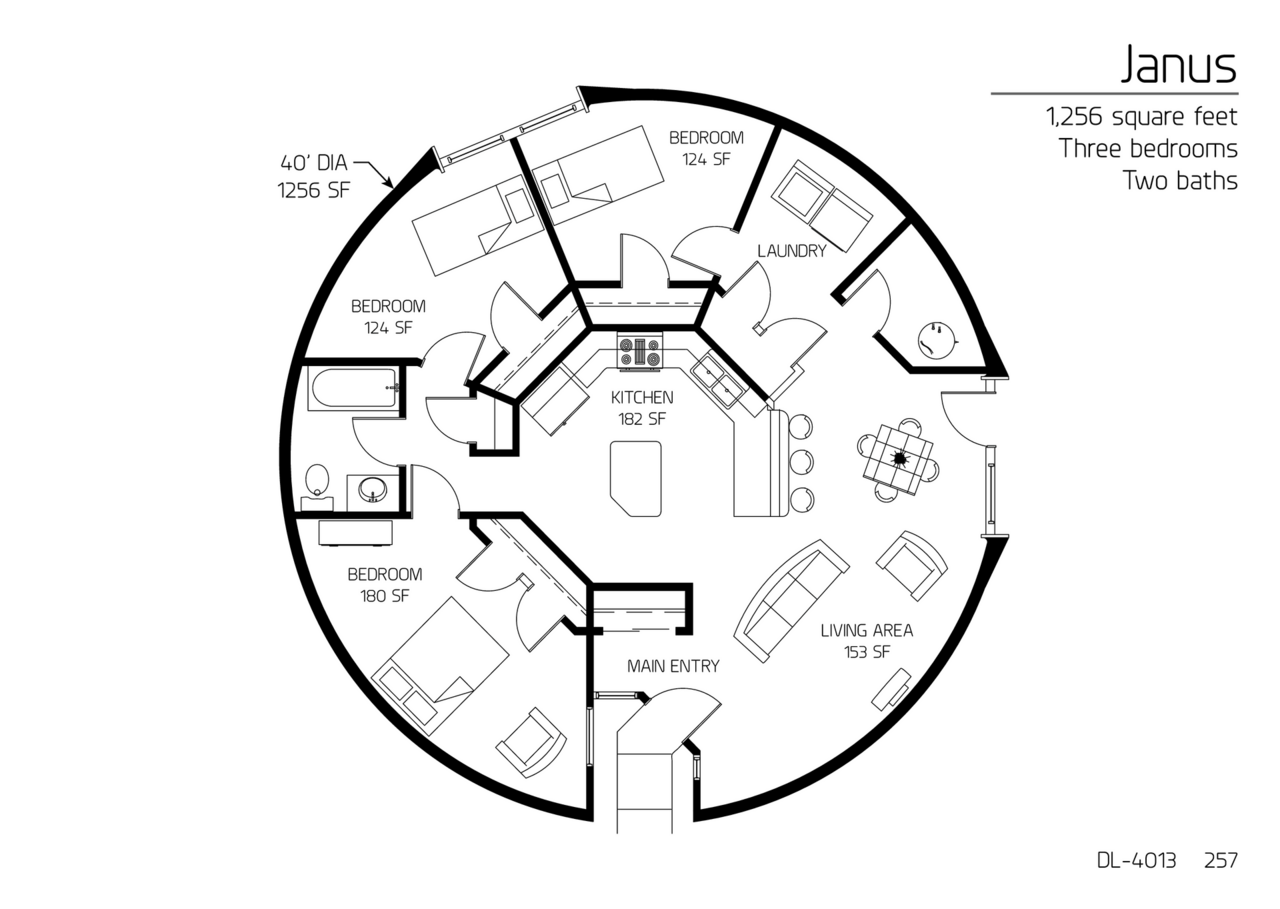 Janus: 40' Diameter, 1256 SF, Three-Bedroom, One Bath Floor Plan.