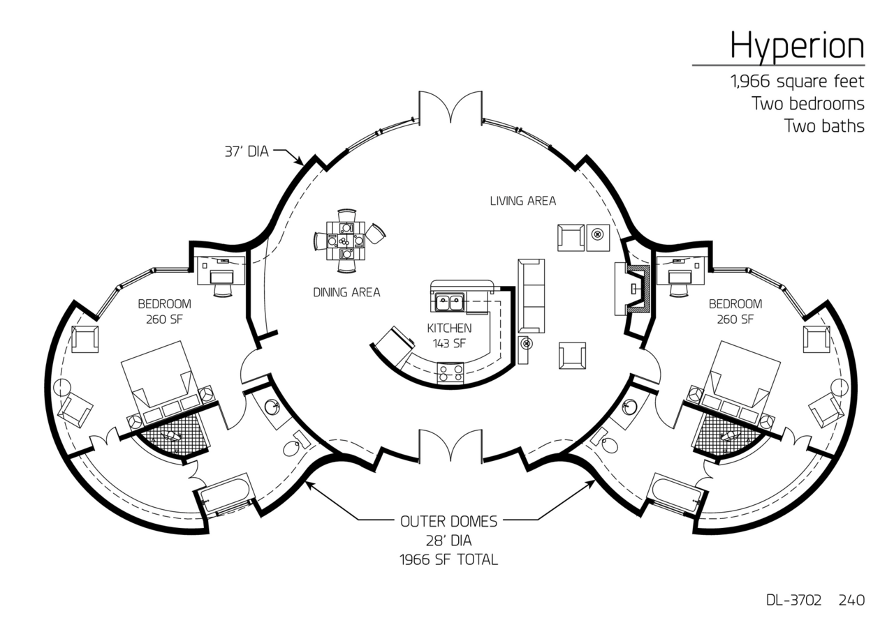 Hyperion: A 28', 37' and 28' Diameter Domed, 1,966 SF, Two-Bedroom, Two-Bath Floor Plan.