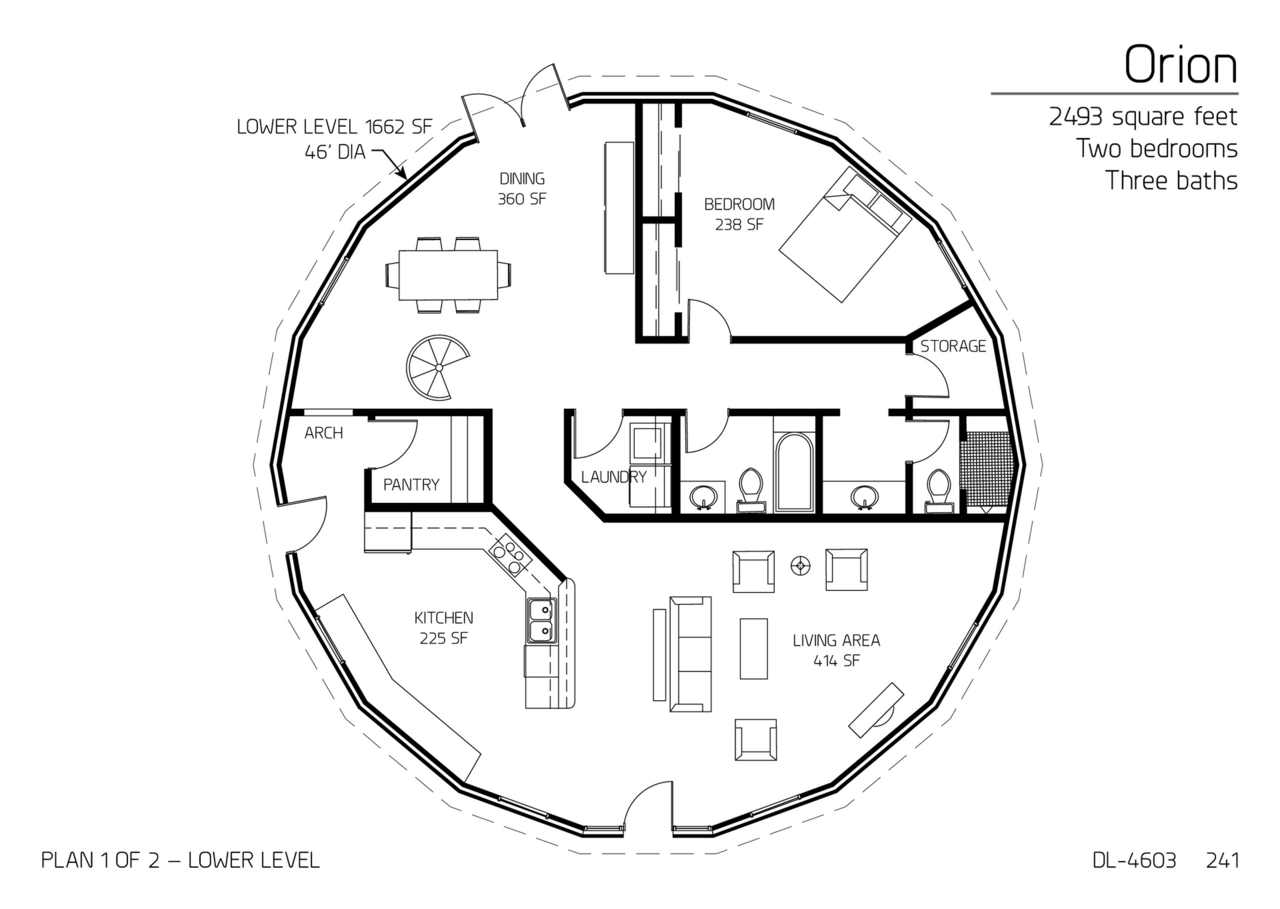 Orion: Main Floor of a 46' Diameter, 2,495 SF, Two-Bedroom, Three-Bath Floor Plan.