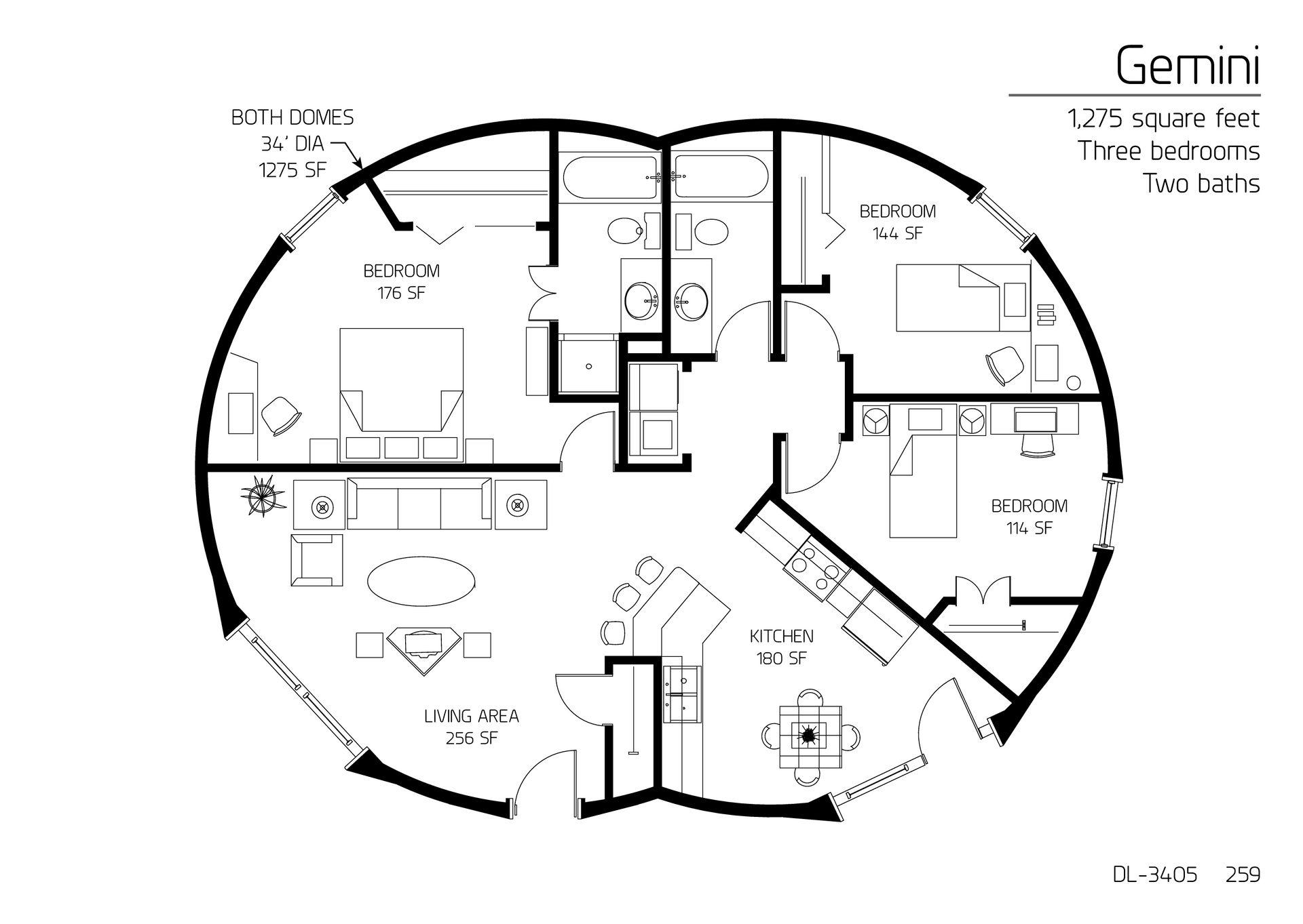 Gemini: 34' Diameter Double Domed, 1,275 SF, Three-Bedroom, Two-Bath Floor Plan.