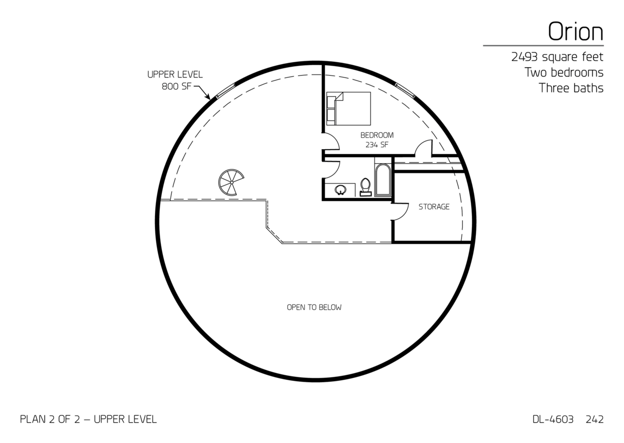 Orion: Upper Floor of a 46' Diameter, 2,439SF, Two-Bedroom, Three-Bath Floor Plan.