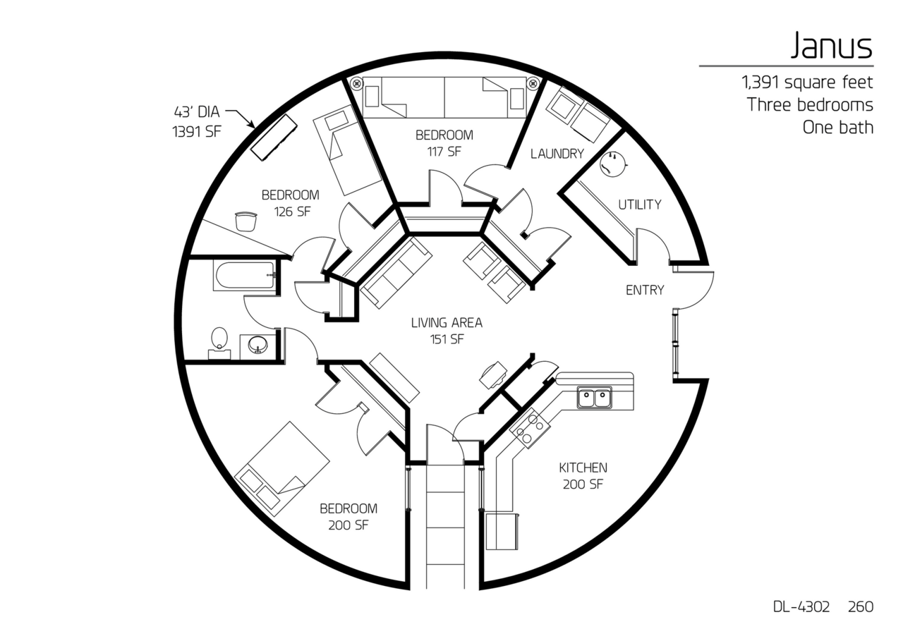 Janus: 43' Diameter, 1,391 SF, Three-Bedroom, One-Bath Floor Plan.