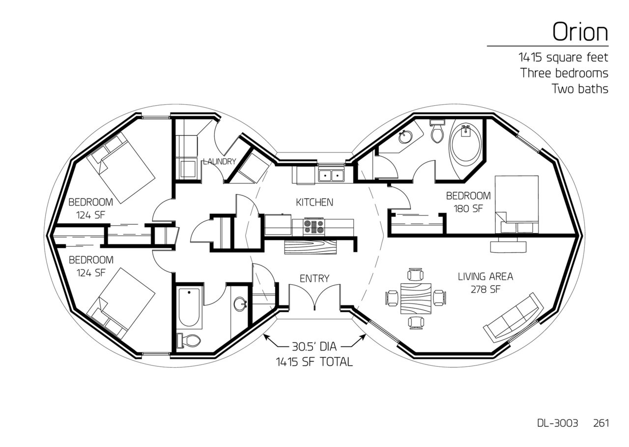 Orion: Two 30.5' Diameter Domes, 1,415 SF, Three-Bedroom, Two-Bath Floor Plan.
