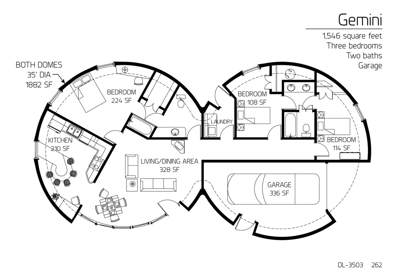 Gemini: A 35' Diameter Double Dome, 1,882 SF, Three-Bedroom, Two-Bath Floor Plan.