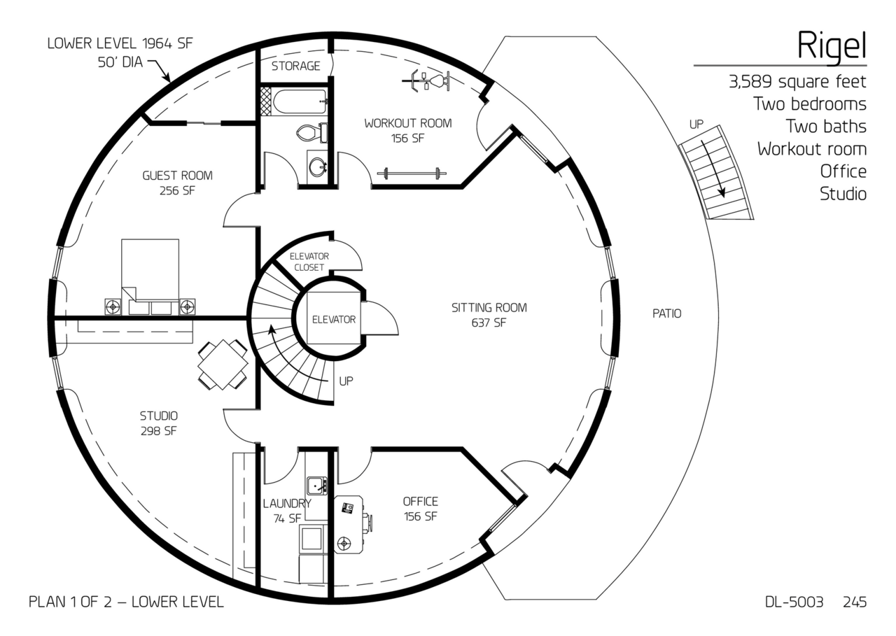 Rigel: The bottom floor of a 50' Diameter, 3,589 SF, Two-Bedroom, Three-Bath Floor Plan.