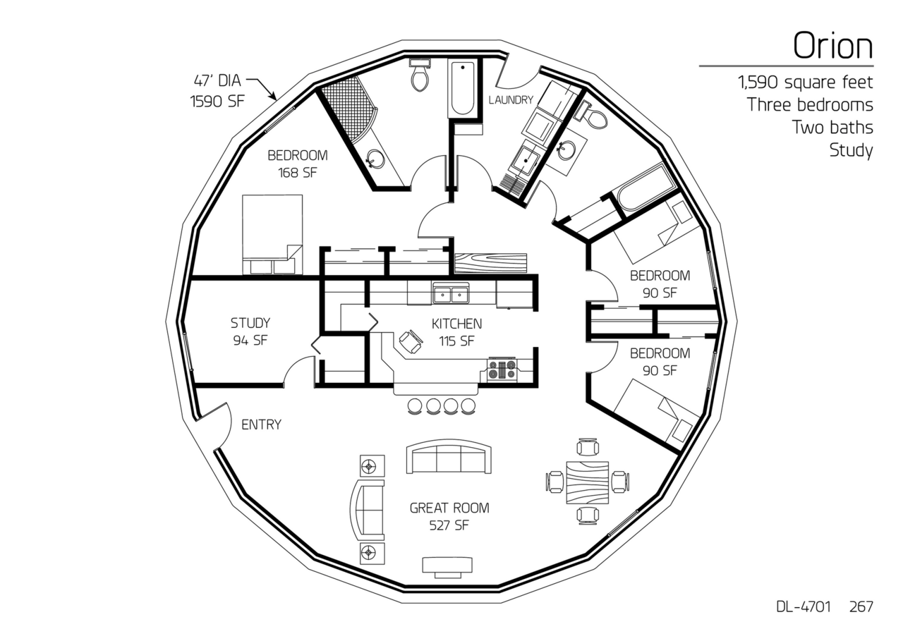 Orion: A 47' Diameter, 1,590 SF, Three-Bedrooms, Two Baths Floor Plan.