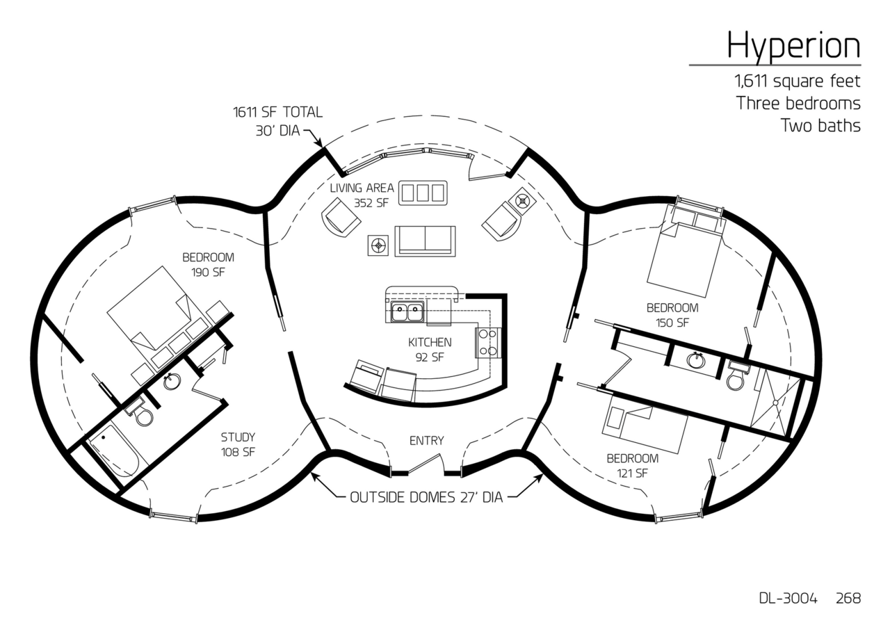 Hyperion: A 30' Triple Domed, 1,611 SF, Three-Bedroom, Two-Bath Floor Plan.