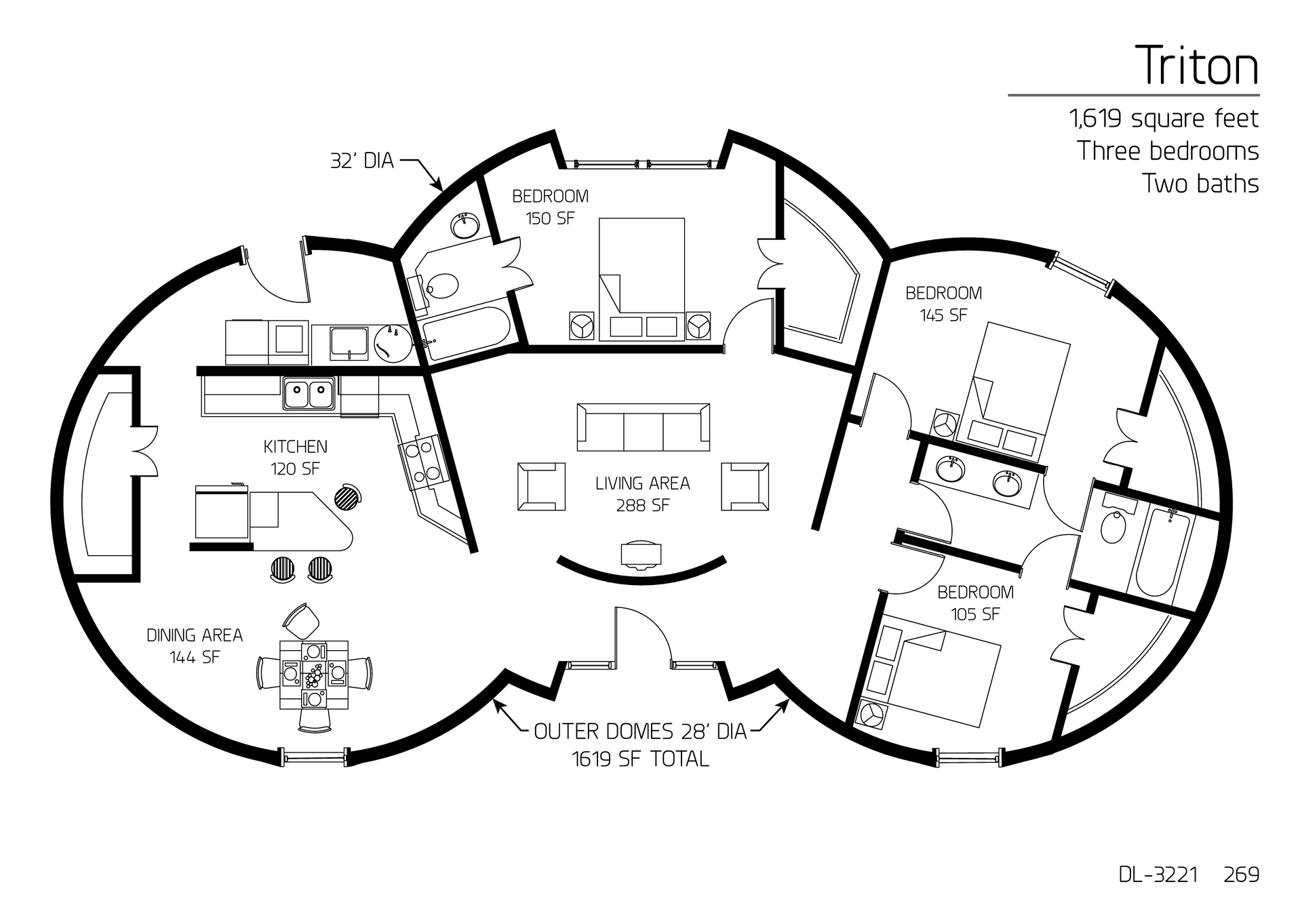 Triton: A 32' Diameter Triple Domed, 1,619 SF, Three-Bedroom, Two-Bath Floor Plan.
