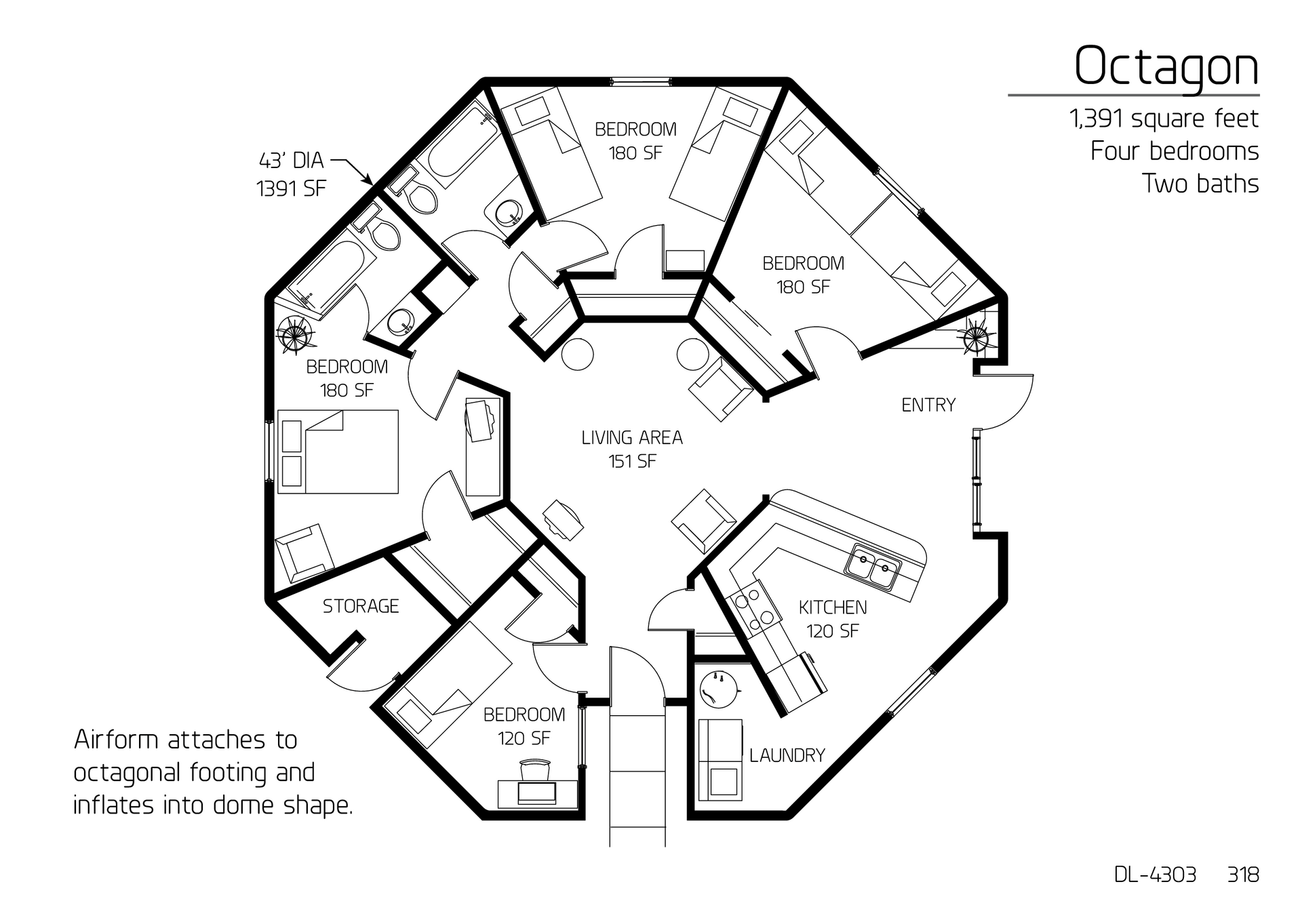 Octagon: 43' Diameter, 1,391 SF, Four-Bedroom, Two-Bath Floor Plan.