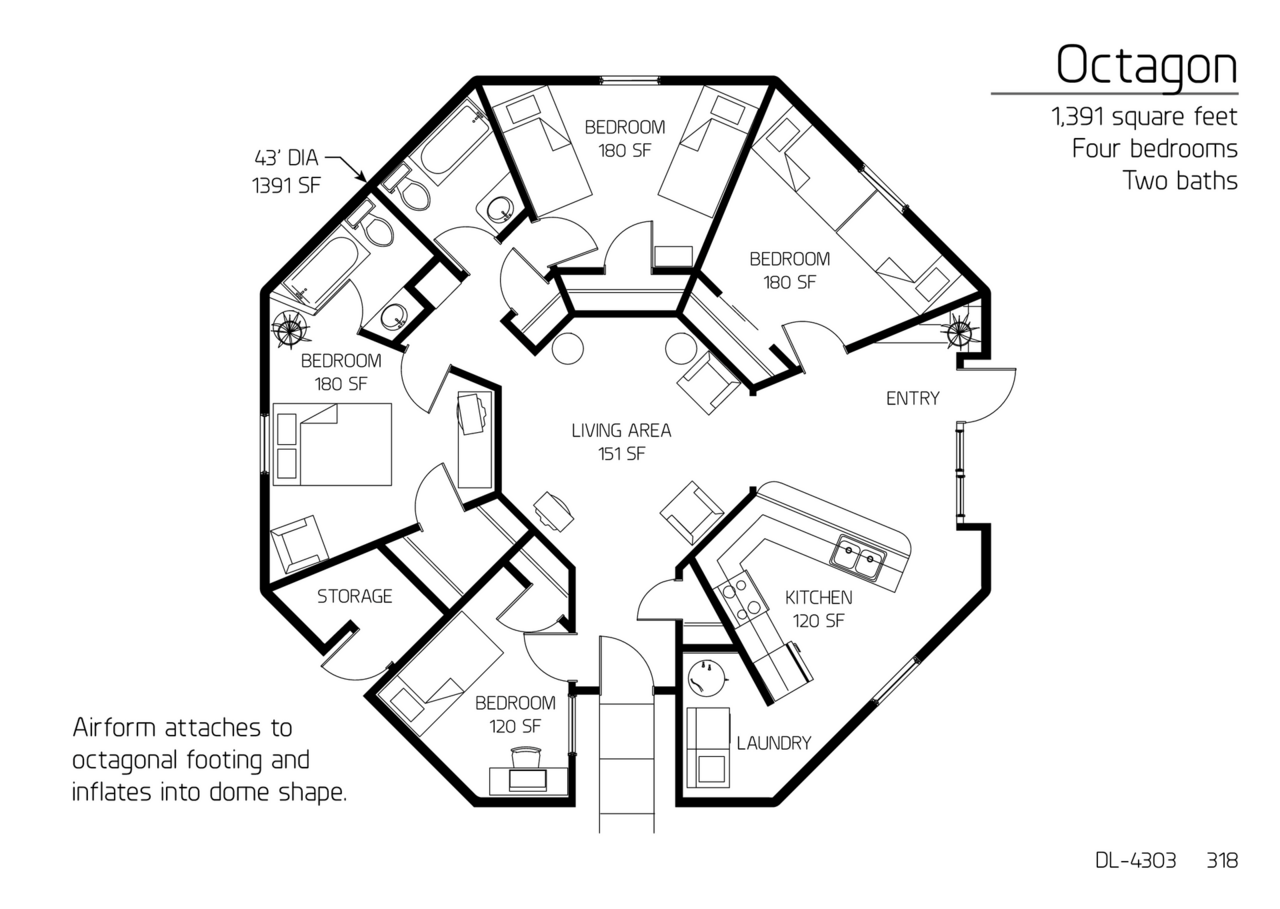 Octagon: 43' Diameter, 1,391 SF, Four-Bedroom, Two-Bath Floor Plan.