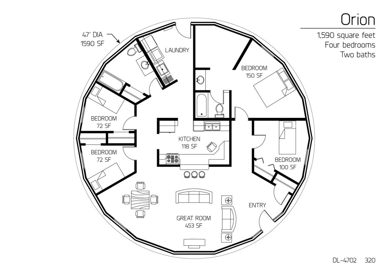 Orion: A 47' Diameter, 1,590 SF, Four-Bedroom, Two-Bath, Floor Plan.