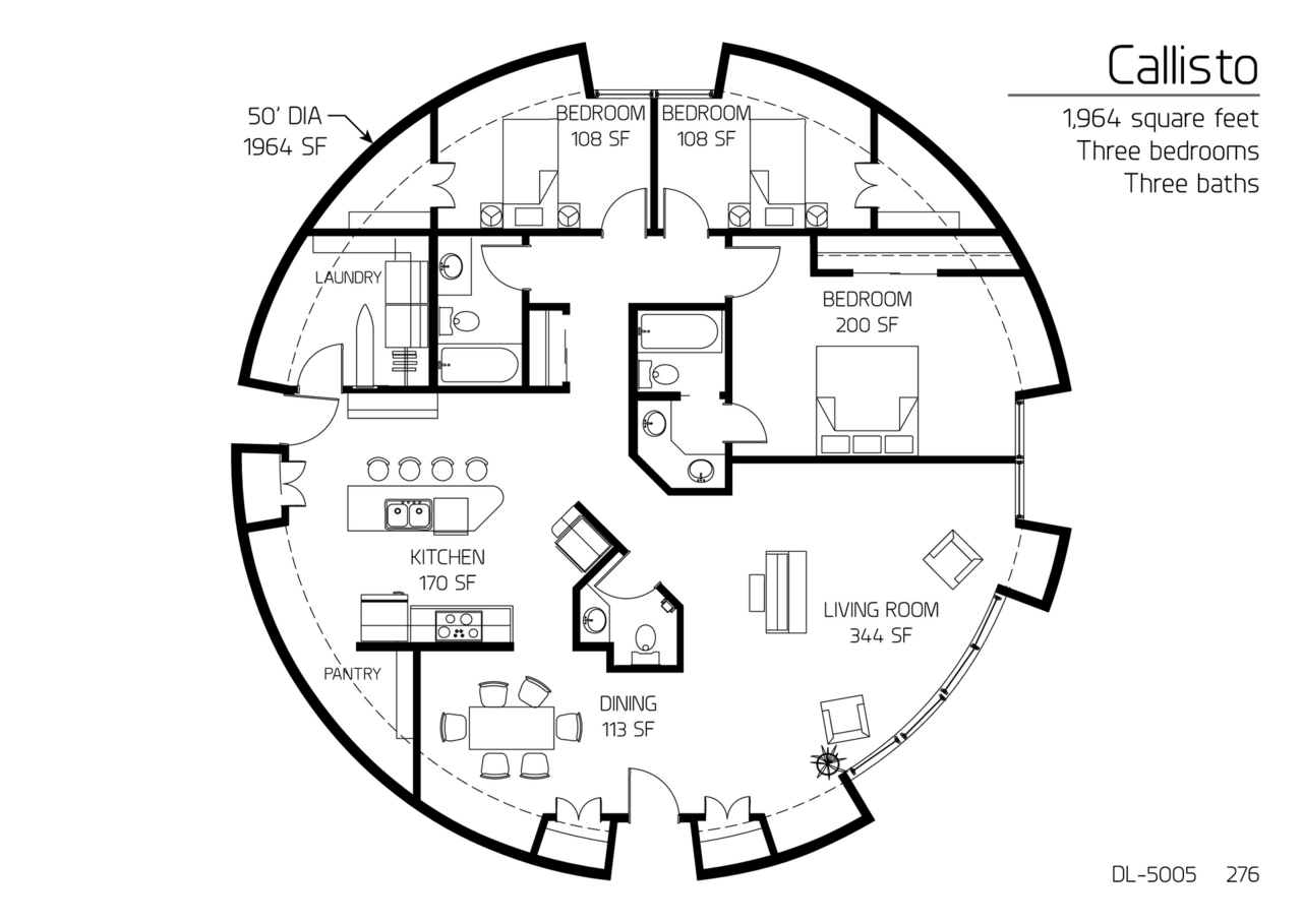Callisto: An50' Diameter, 1,964 SF, Three-Bedroom, Three-Bath Floor Plan.