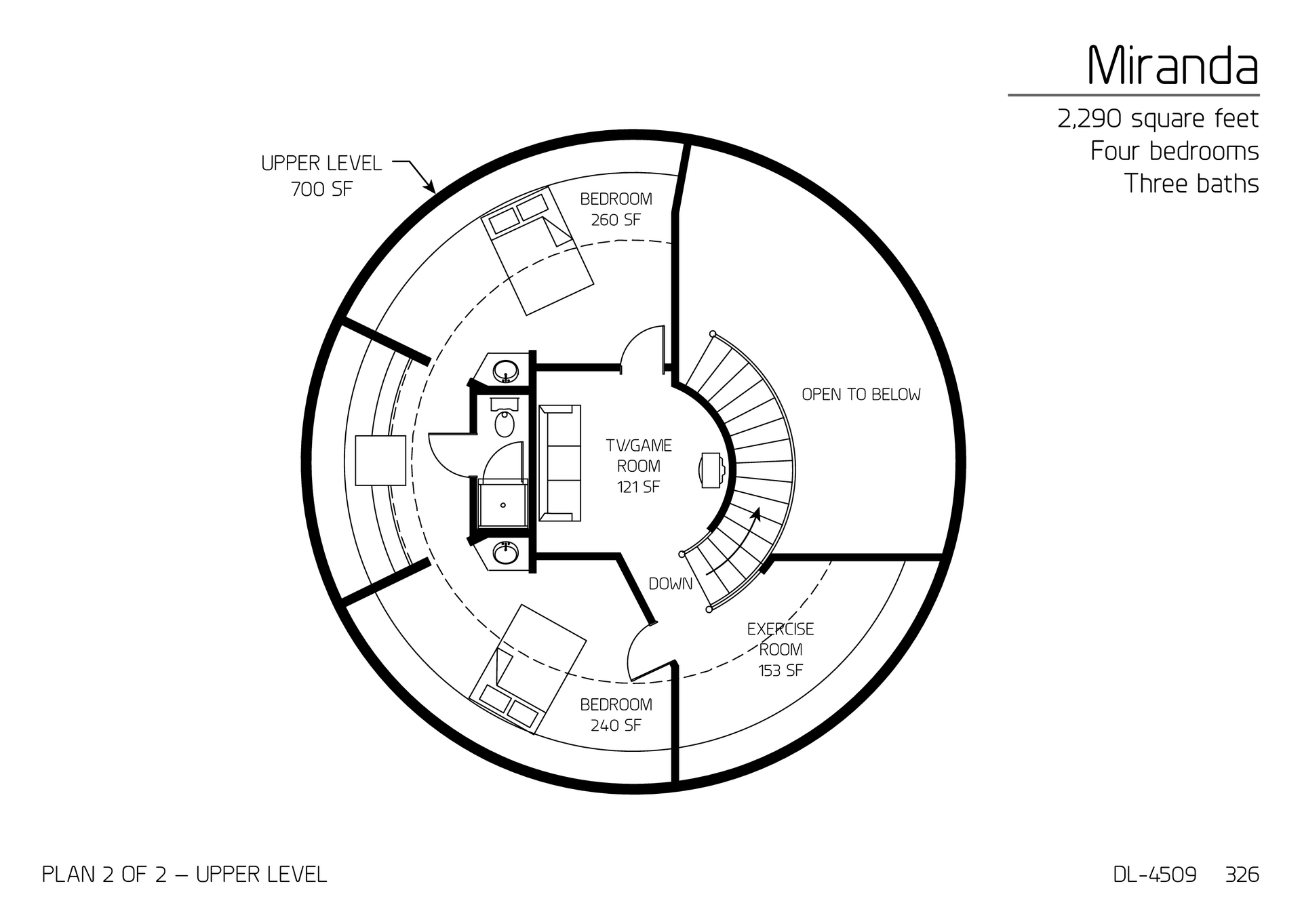Miranda: Main Floor of 45' Diameter, 2,290 SF, Four-Bedroom, Three-Bath Floor Plan.