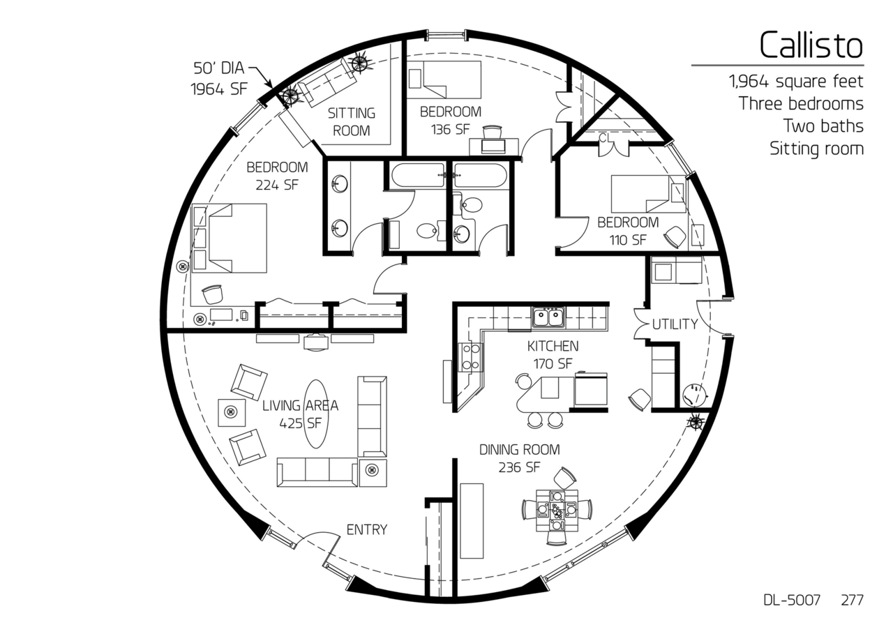 Callisto: A 50' Diameter, 1,964 SF, Three-Bedroom, Three-Bath Floor Plan.