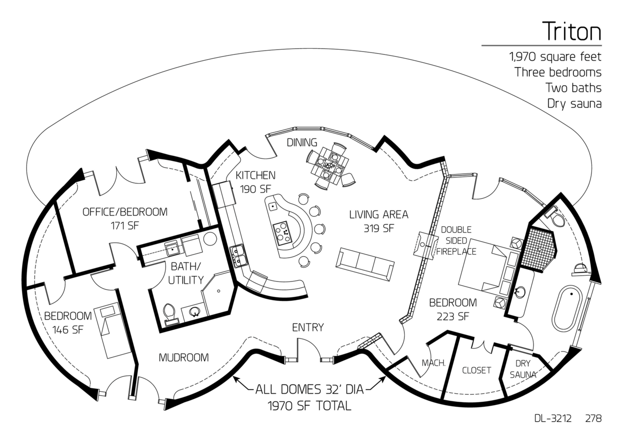 Triton: A 32' Diameter Triple Domed, 1,970 SF, Three-Bedroom, Two-Bath Floor Plan.