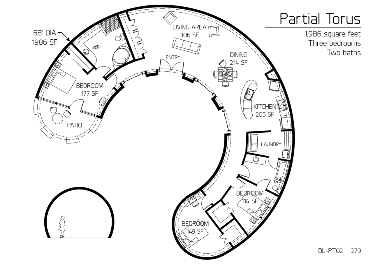 Partial Torus: 68' Diameter, 1,986 SF, Three-Bedroom, Two Bath Floor Plan.