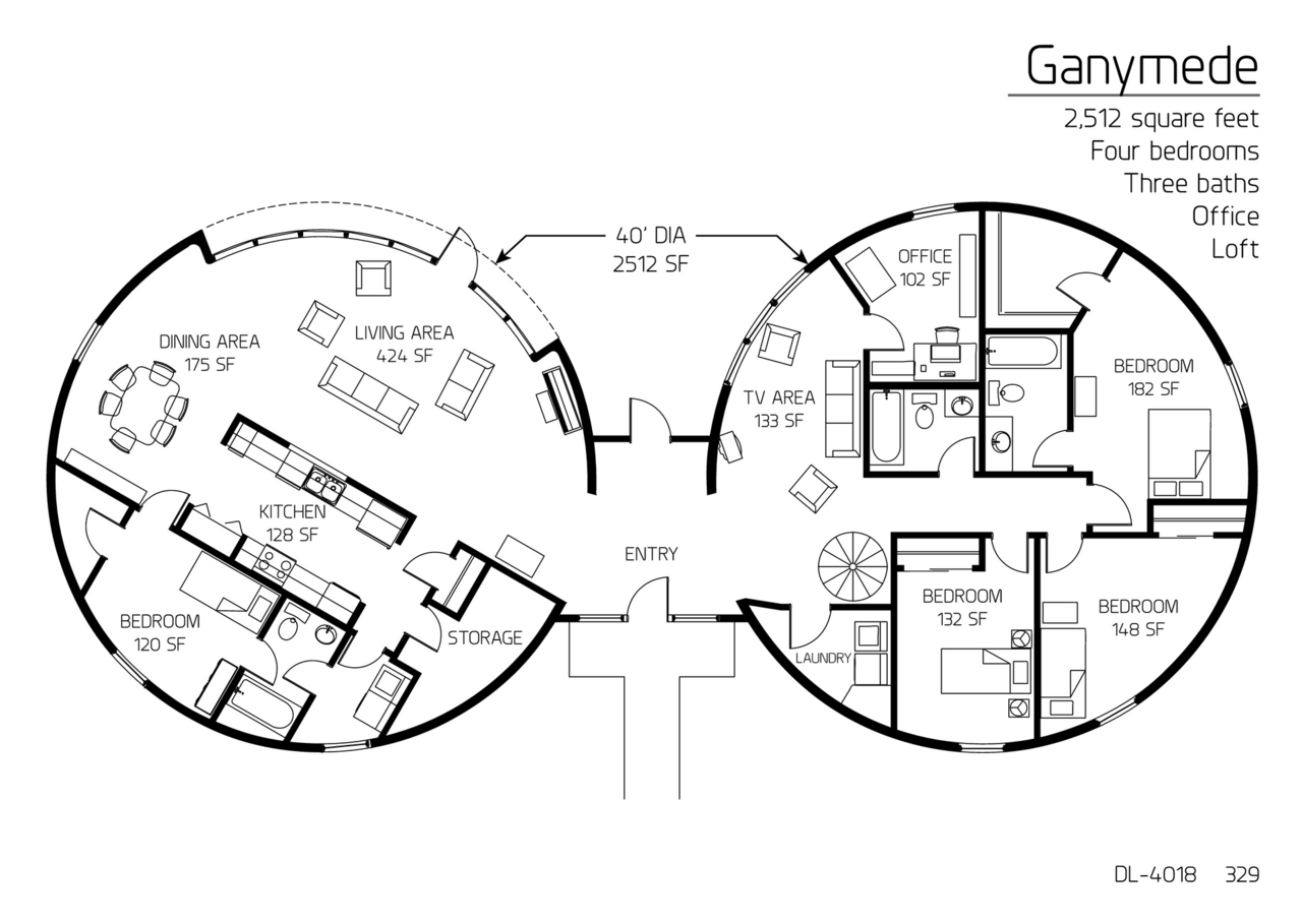 Ganymede: Two 40' Diameter Domes, 2,512 SF, Four-Bedroom, Three-Bath Floor Plan.