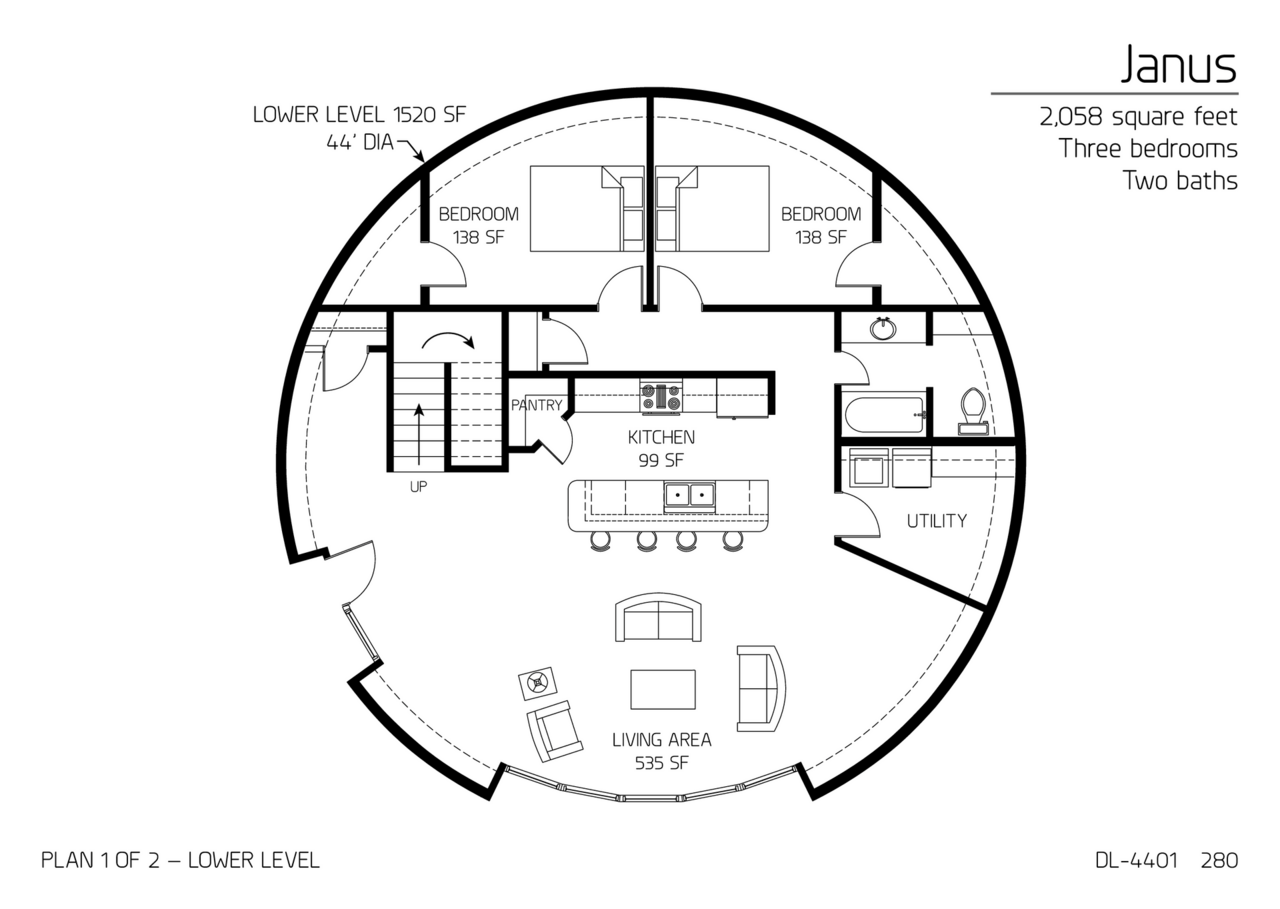 Janus: Main floor of a 44' Diameter, 2,058 SF, Three-Bedroom, Two Bath Floor Plan.