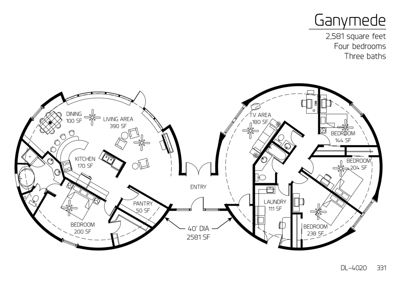 Ganymede: Two 40' Diameter Domes, 2,581 SF, Four-Bedroom, Three-Bath Floor Plan.