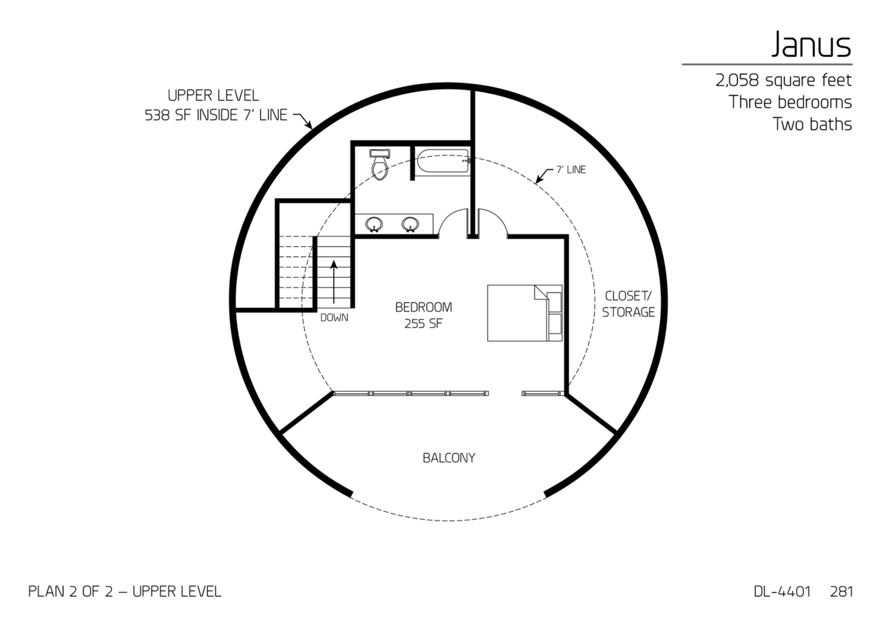 Janus: Upper floor of a 44' Diameter, 2,058 SF, Three-Bedroom, Two Bath Floor Plan.