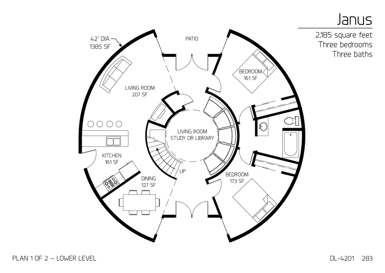 Janus: Main Floor of a 45' Diameter, 2,185 SF, Three-Bedroom, Two-Bath Floor Plan.