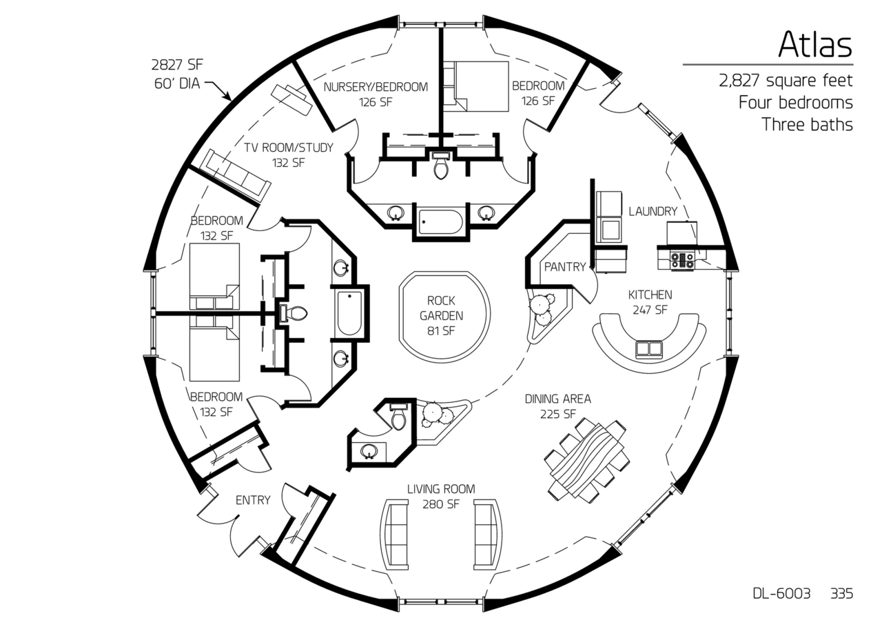 Atlas: 60' Diameter, 2,827 SF, Four-Bedroom, Two and a Half-Bath Floor Plan.