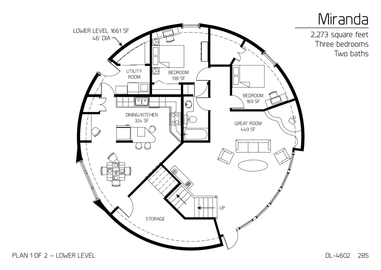 Miranda: Main Floor of a 46' Diameter, 2,273 SF, Three-Bedroom, Two-Bath Floor Plan.