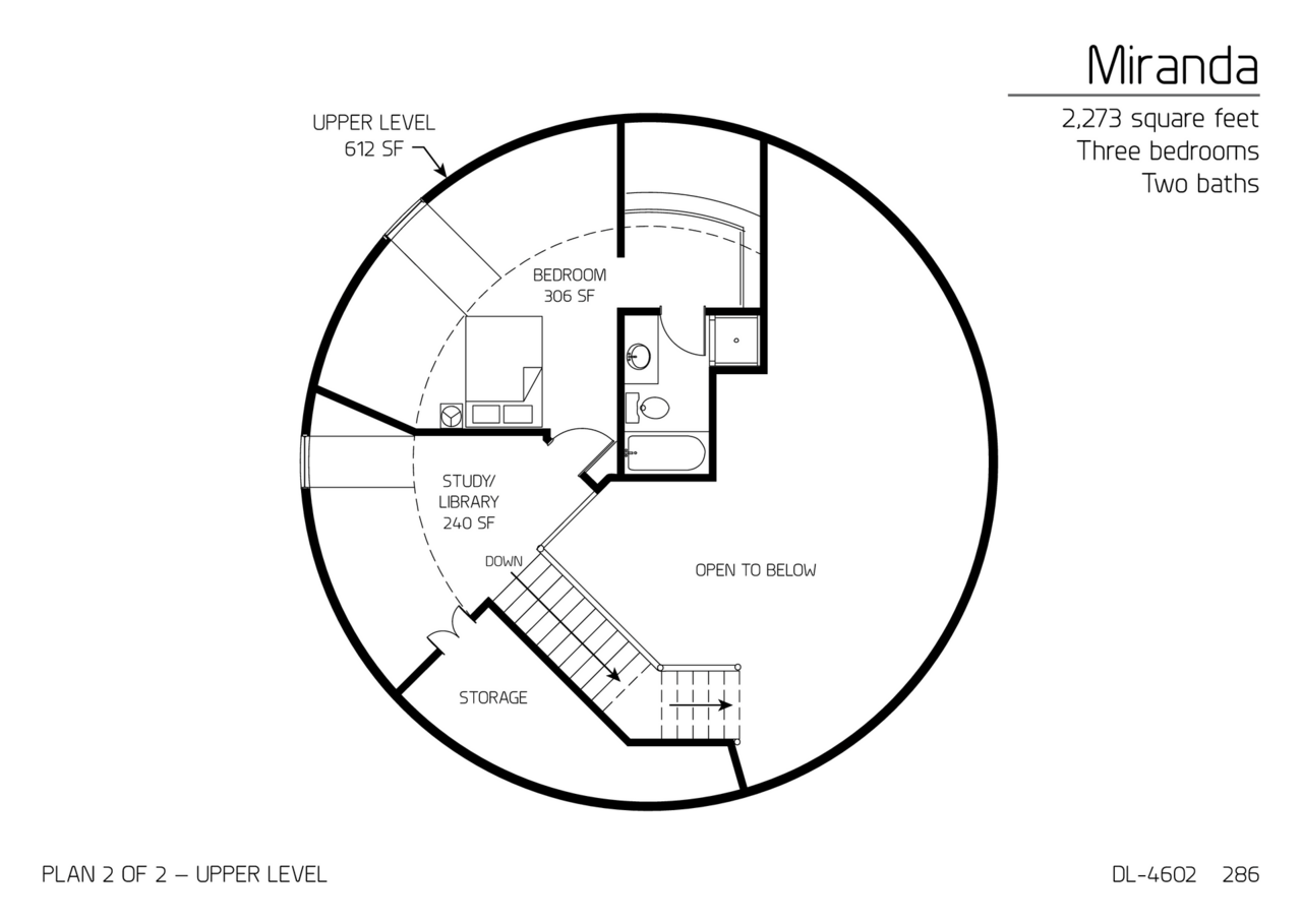 Miranda: Second Floor of a 46' Diameter, 2,273 SF, Three-Bedroom, Two-Bath Floor Plan.