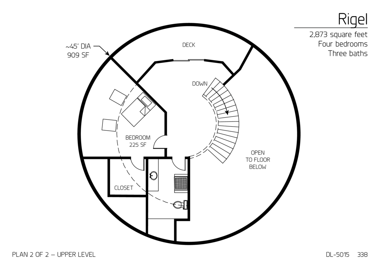 Rigel: Upper Floor of a 50' Diameter, 2,873 SF, Four-Bedroom, Three-Bath Floor Plan.