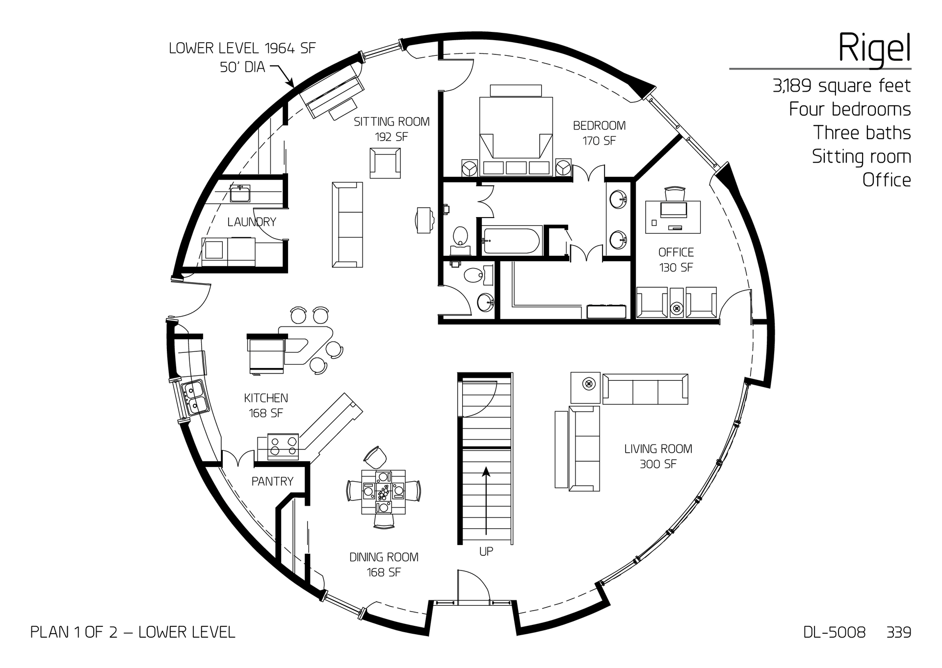 Rigel: The Main Floor of a 50' Diameter,  3,189 SF, Four-Bedroom, Three-Bath Floor Plan.