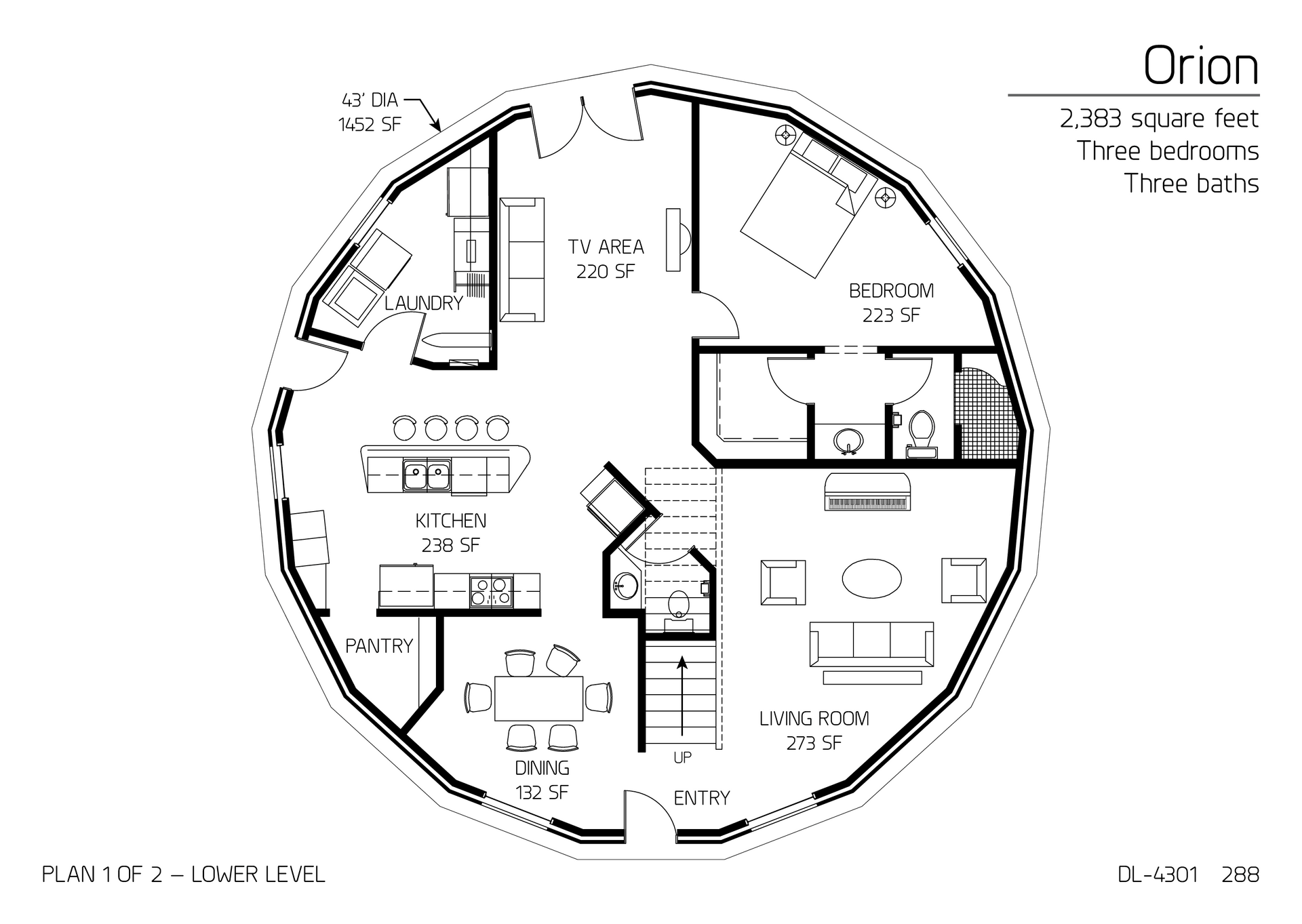 Orion: Main Floor of a 43' Diameter, 2,383 SF, Three-Bedroom, Two-and-a half-Bath Floor Plan.