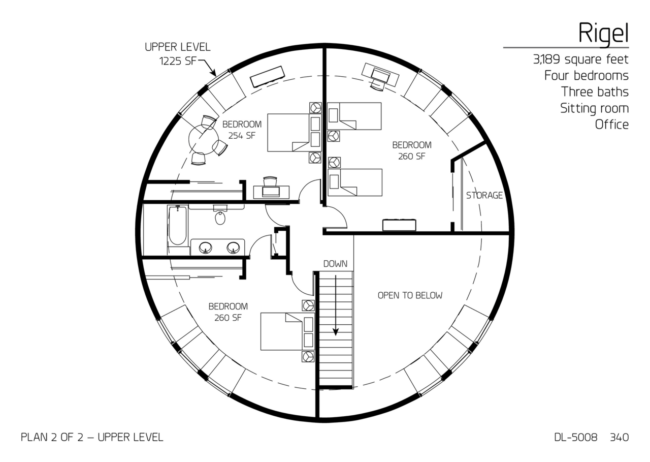 Rigel: The Upper Floor of a 50' Diameter,  3,189 SF, Four-Bedroom, Three-Bath Floor Plan.