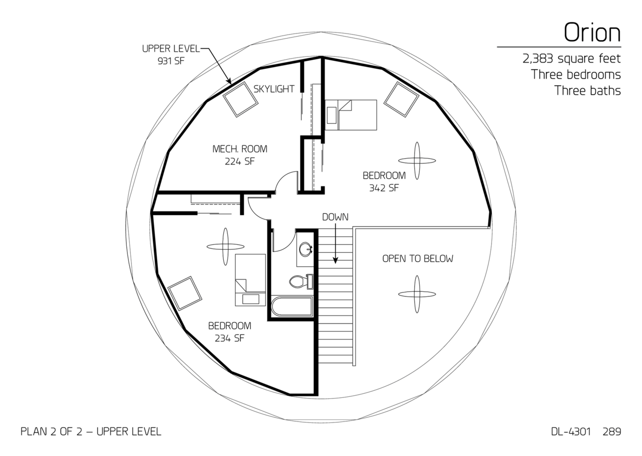 Orion: Upper Floor of a 43' Diameter, 2,383 SF, Three-Bedroom, Two-and-a-half-Bath Floor Plan.
