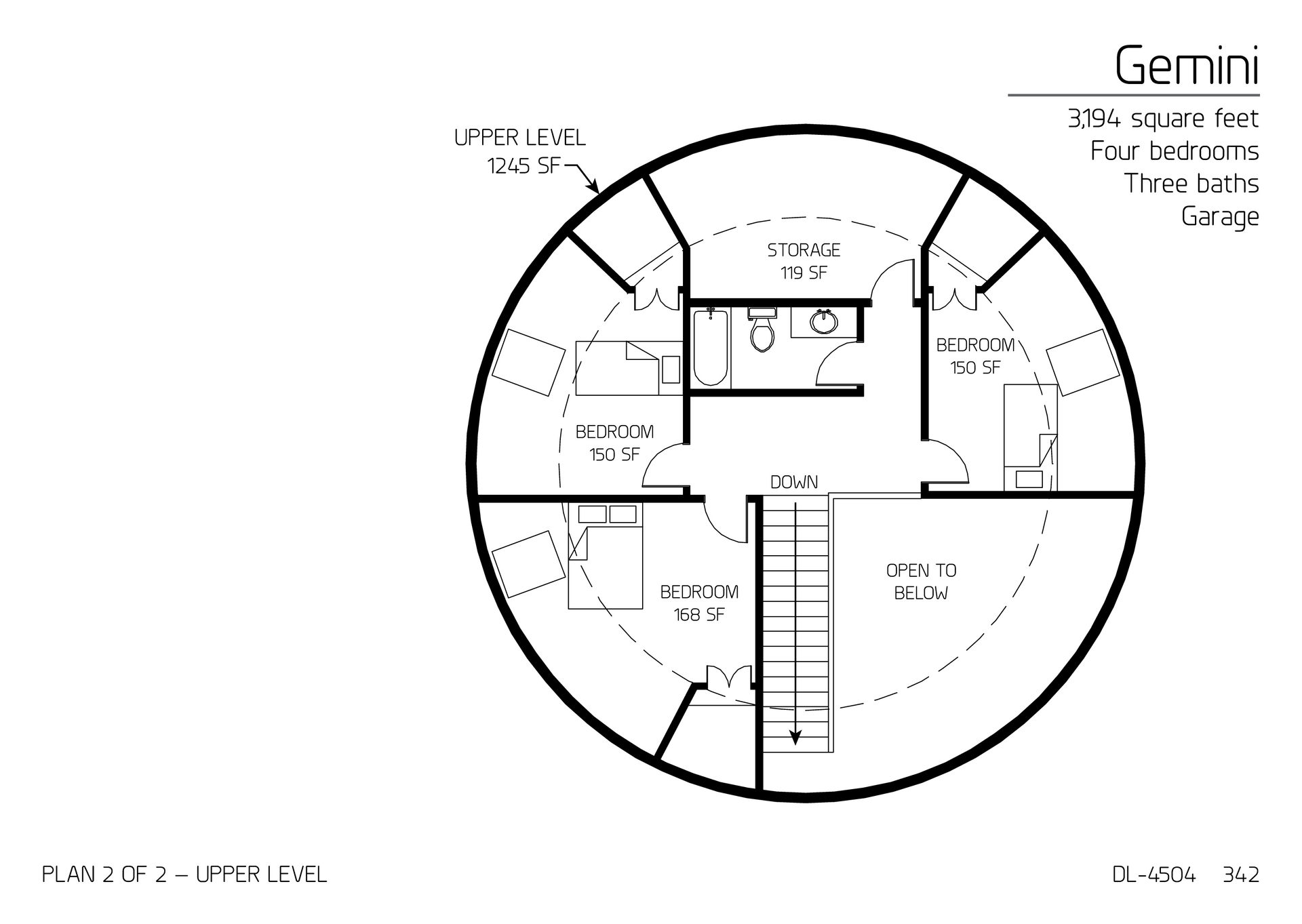 Gemini: Upper Floor of a 30' and 45' Diameter Double Dome, 3,194 SF, Four-Bedroom, Two and a Half-Bath Floor Plan.