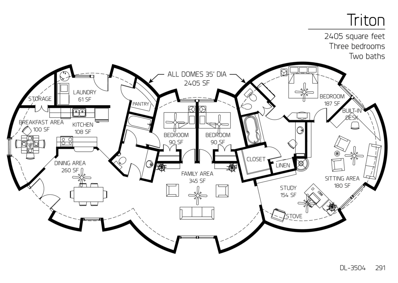 Triton: A 35' Diameter Triple Domed, 2,405 SF, Three-Bedroom, Two-Bath Floor Plan.