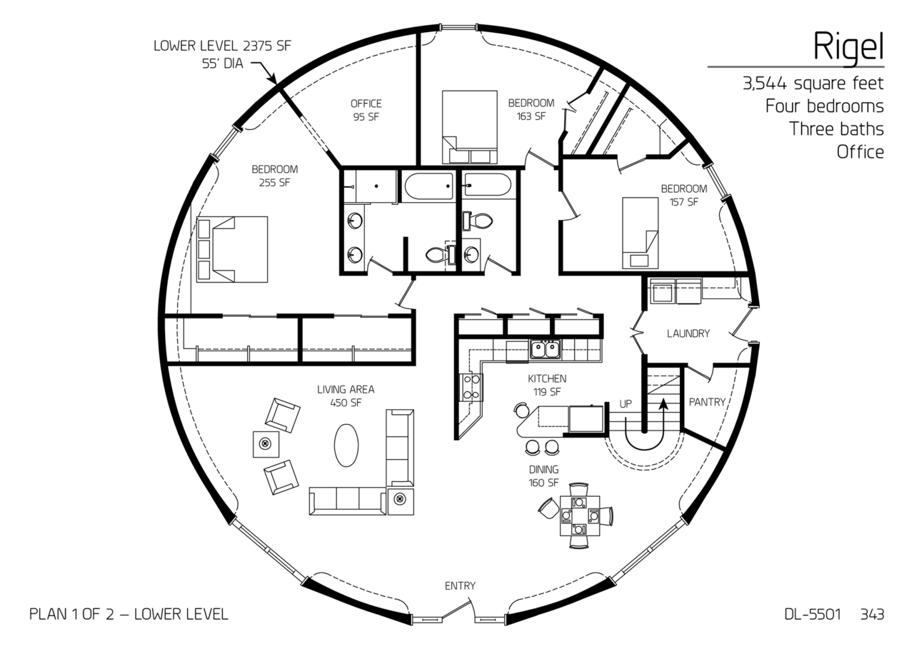 Rigel: Main level of a 55' Diameter, 3,544 SF, Four-Bedroom, Three-Bath Floor Plan.