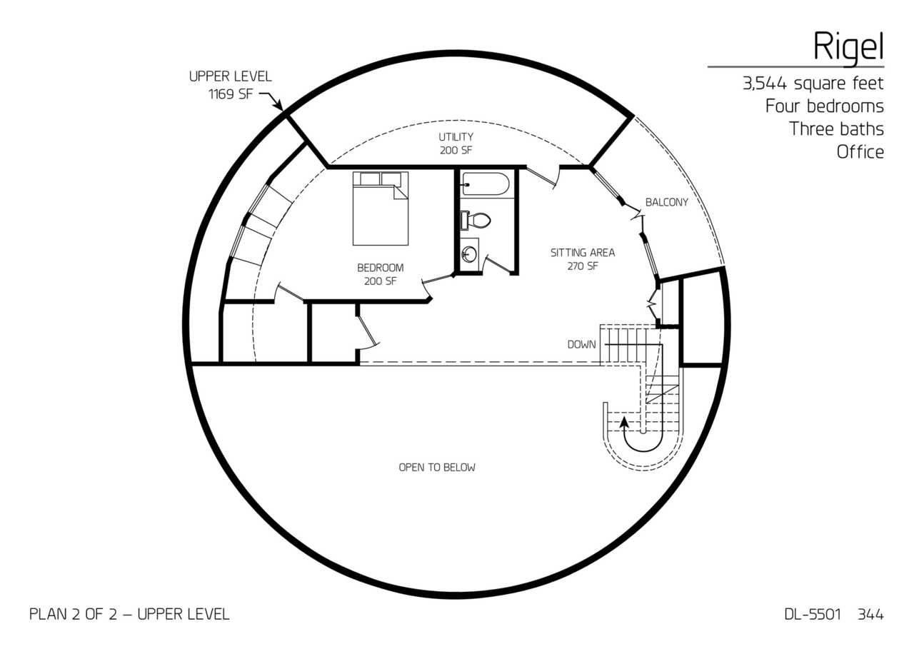 Rigel: Upper Floor of a 55' Diameter, 3,544 SF, Four-Bedroom, Three-Bath Floor Plan.