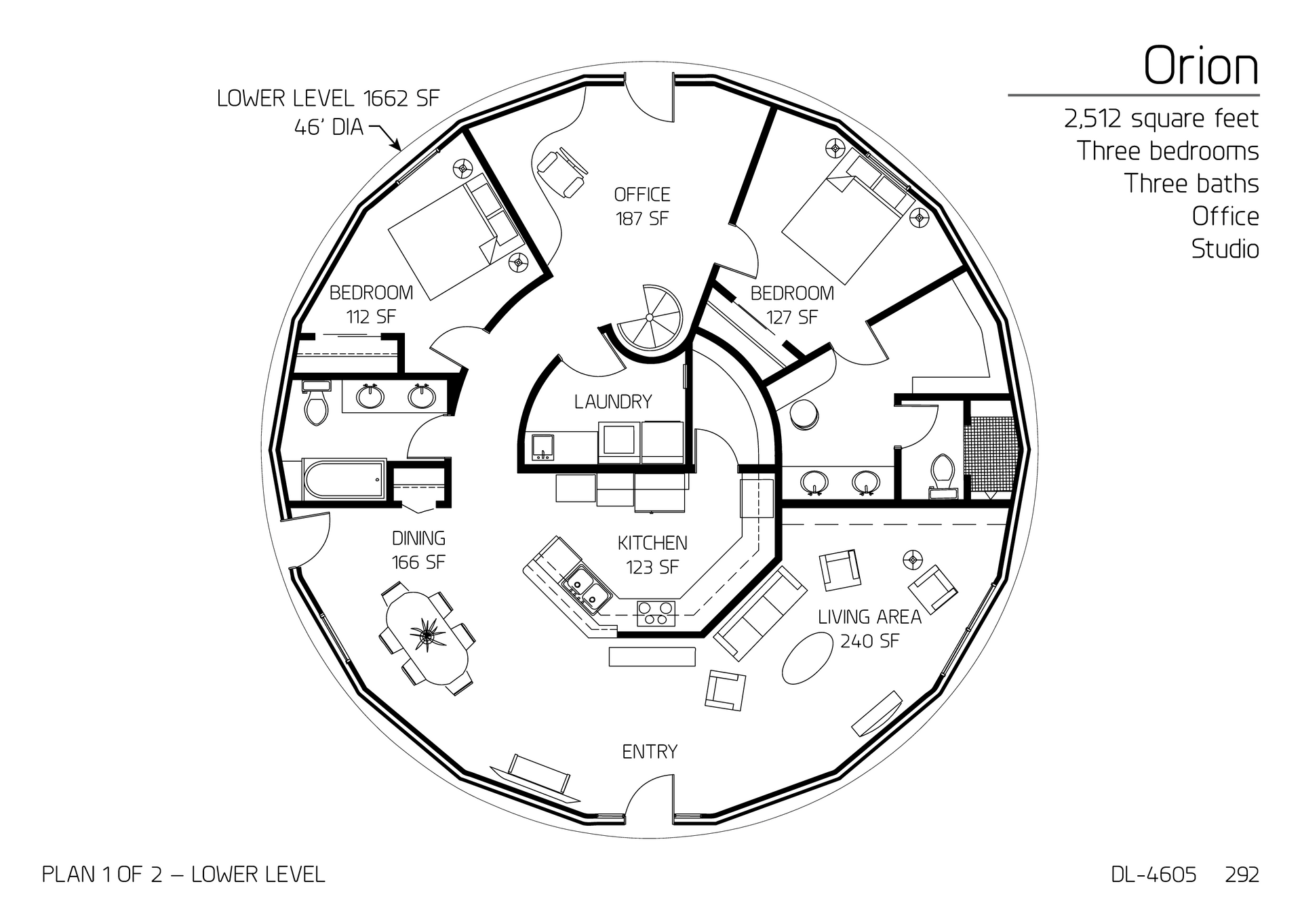 Orion: Main Floor of a 46' diameter, 2,512 SF, Three-Bedroom, Three-Bath Floor Plan.
