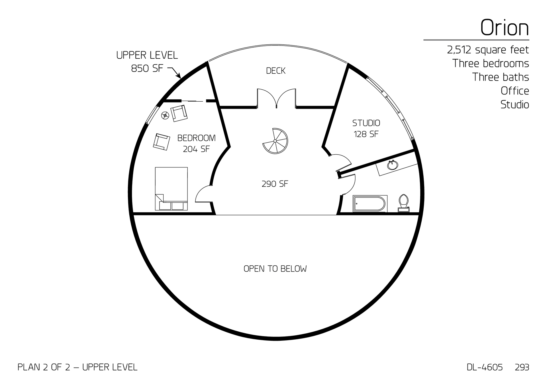 Orion: Upper Floor of a 46' diameter, 2,512 SF, Three-Bedroom, Three Bath Floor Plan.