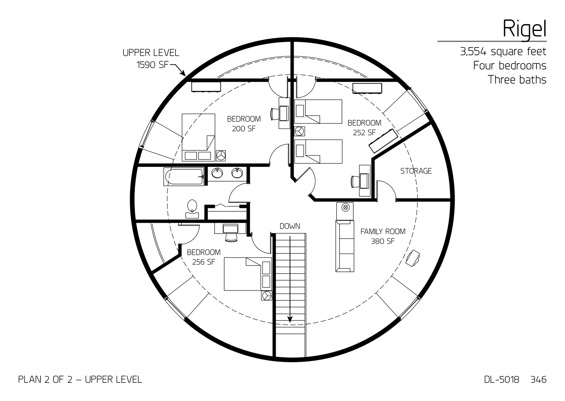 Rigel: Upper Floor of a 50' Diameter, 3,554 SF, Four-Bedrooms, Three-Baths Floor Plan.