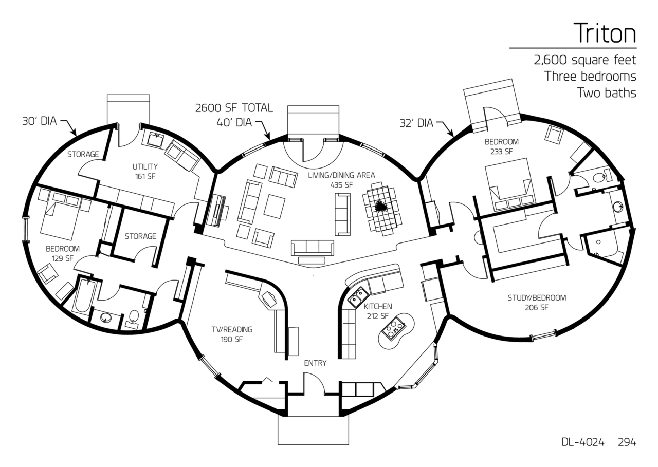 Triton: 30', 40' and 32' Diameter Domes, 2,600 SF, Three-Bedroom, Two-Bath Floor Plan.