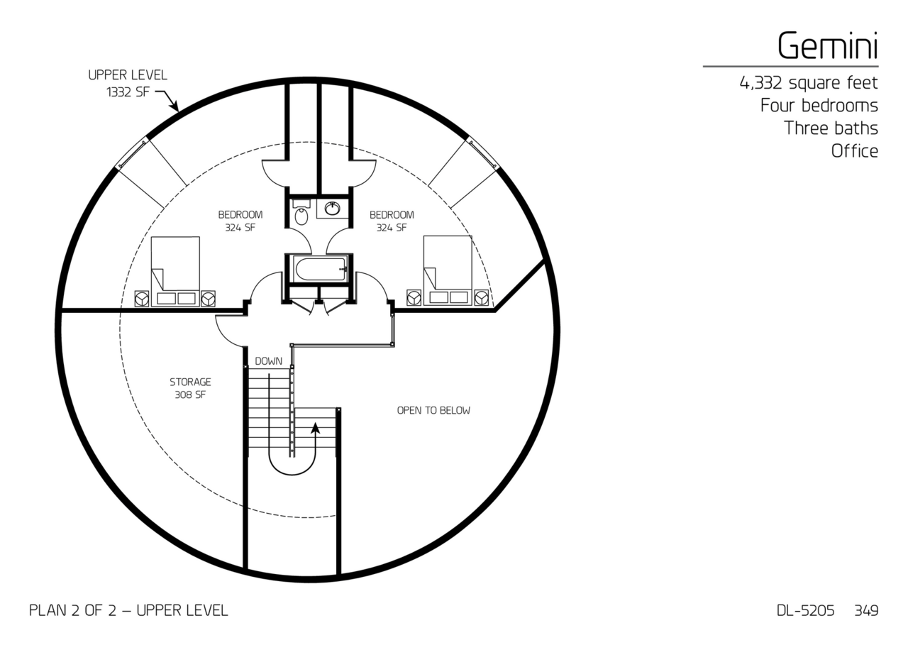 Gemini: Top Floor of a 52' and 30' Diameter Dome, 4,332 SF, Four-Bedroom, Three-bath Floor Plan.
