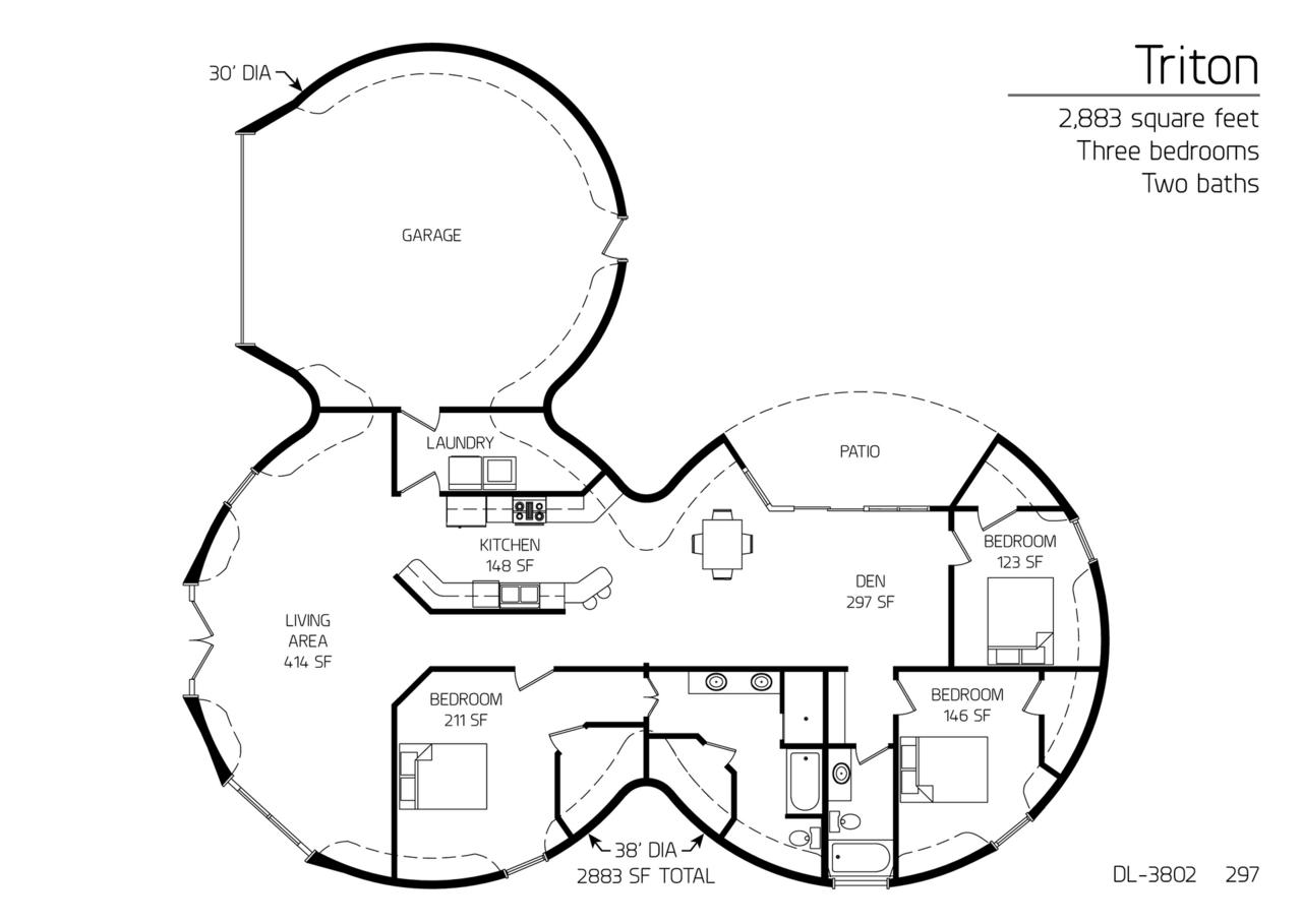 Triton: A 30' Diameter Garage and Two 38' Diameter Domes, 2,883 SF, Three Bedroom, Two-Bath Floor Plan.