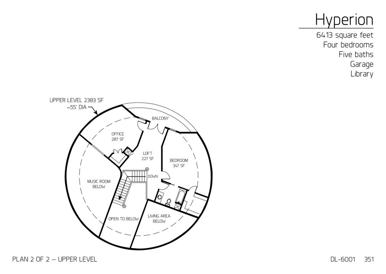 Hyperion: Top Floor of 60' Dome, 6,413 SF, Four-Bedroom, Five-Bath Floor Plan.